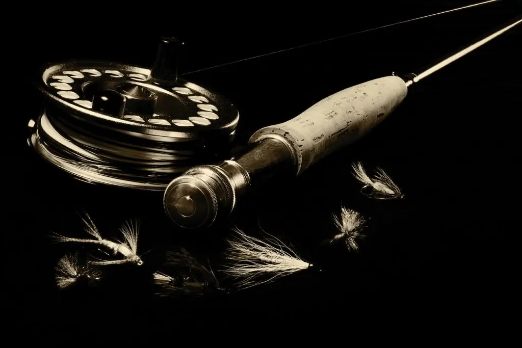 photo noir et blanc d'une canne à mouche avec streamers , plan serré