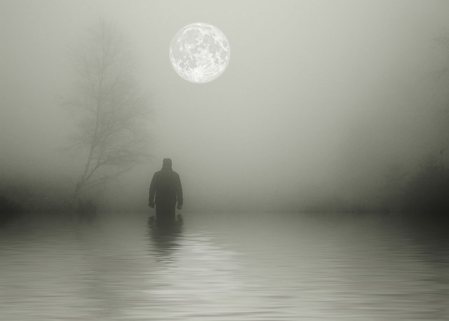 personne dans l'eau, de nuit, par fort brouillard, image en noir et blanc, avec une pleine lune